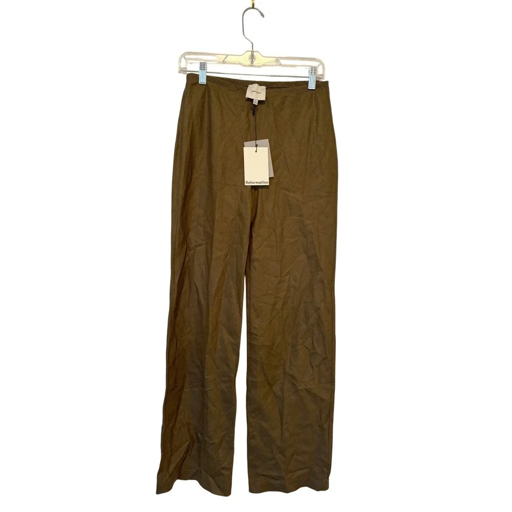 NWT Reformation Gale Linen Mid Rise Wide Leg Pants Dark Olive XS